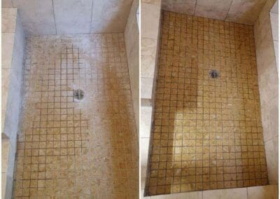Before and after photo showing tile and grout transformation after professional cleaning steps.